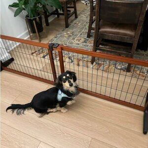 70-Inch Wide Adjustable Freestanding Pet Gate, Premium Wood, Brown